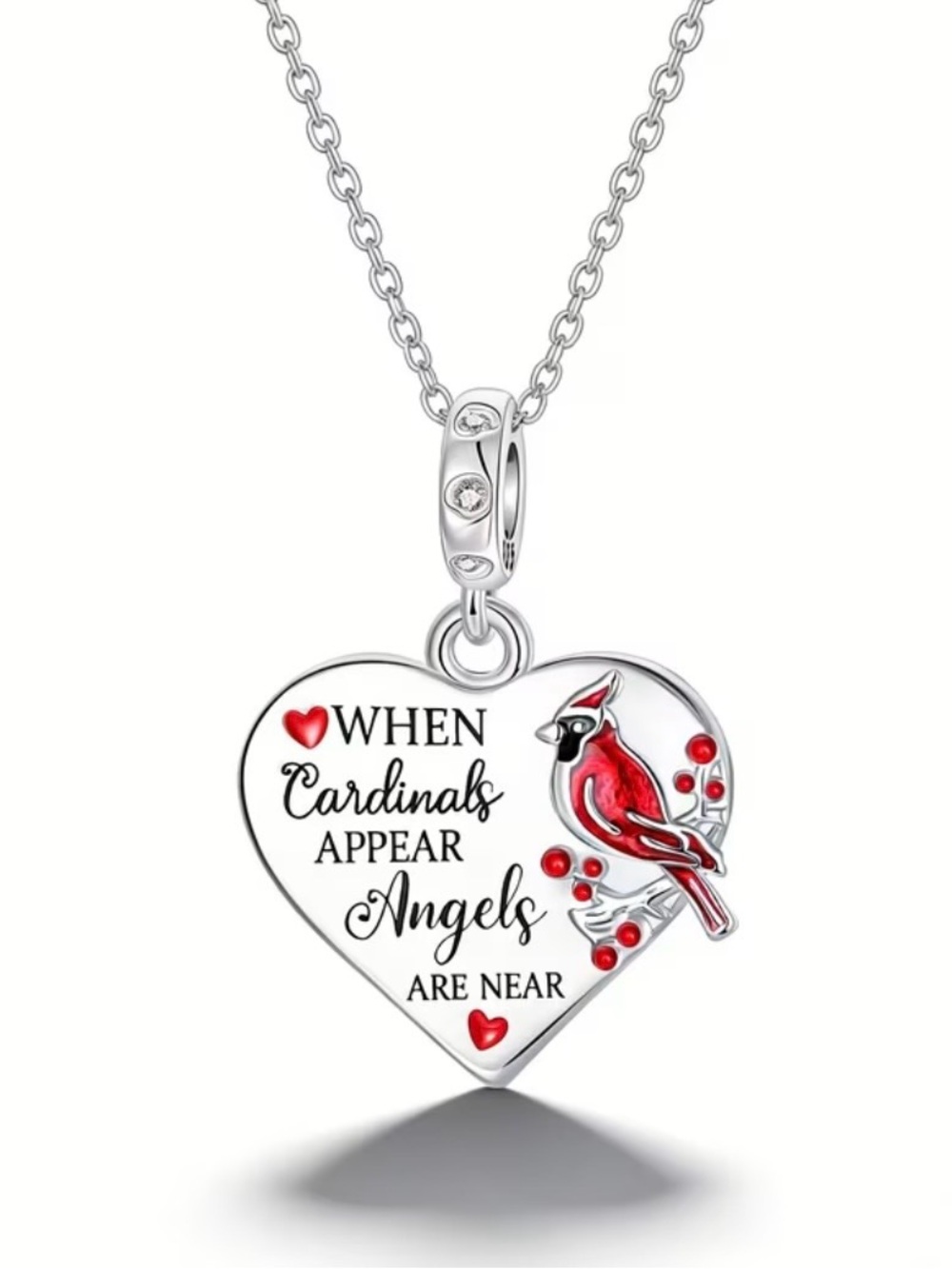 ❤️ 925 Sterling Silver Cardinal Angels Are Near Heart Dangle Charm - Picture 3 of 4